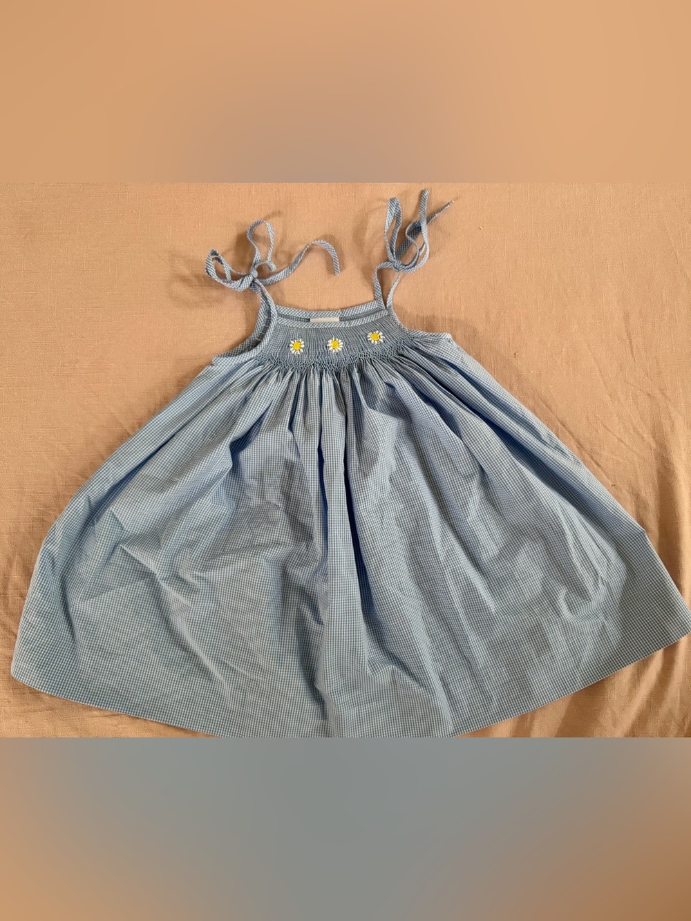 Stitchy Fish smocked daisy tie shoulder summer dress, blue checked